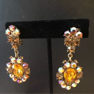 Vintage Clip On Multi Color Rhinestone Statement Drop Earrings